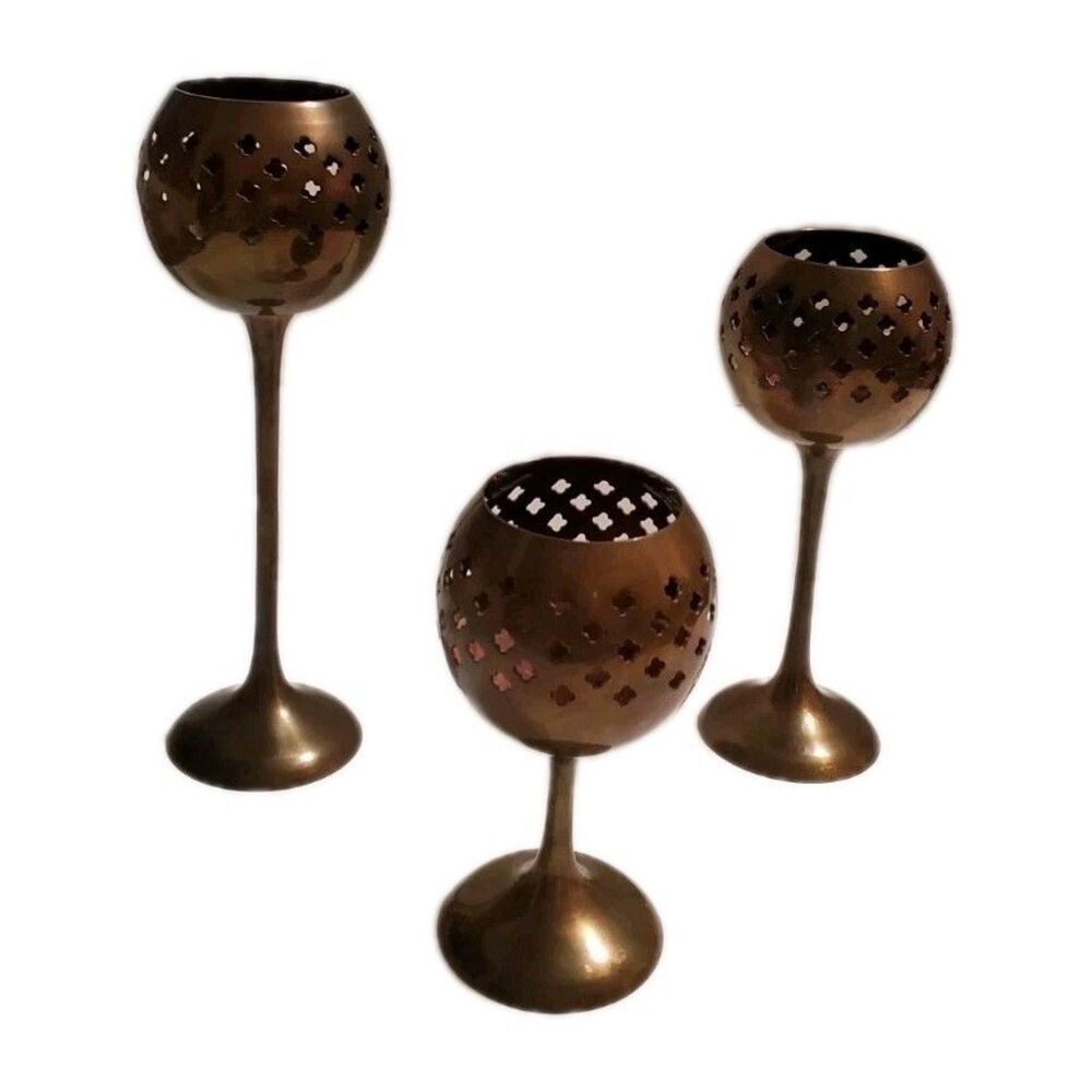 Brass Tone Metal Goblet Candle Holders Tiered Set 3 Pierced Boho Votive Chalice